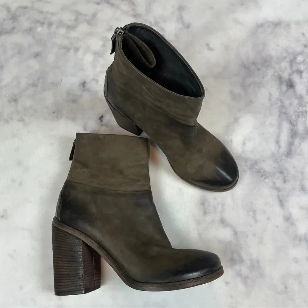Marsell Bolla Brown Leather Ankle Boots Distressed Zip Back Block Heel Sz 39.5